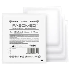 Pasomed, kompresy gazowe, jałowe, 17-nitkowe, 7,5 cm x 7,5 cm, (8w), 3 szt.