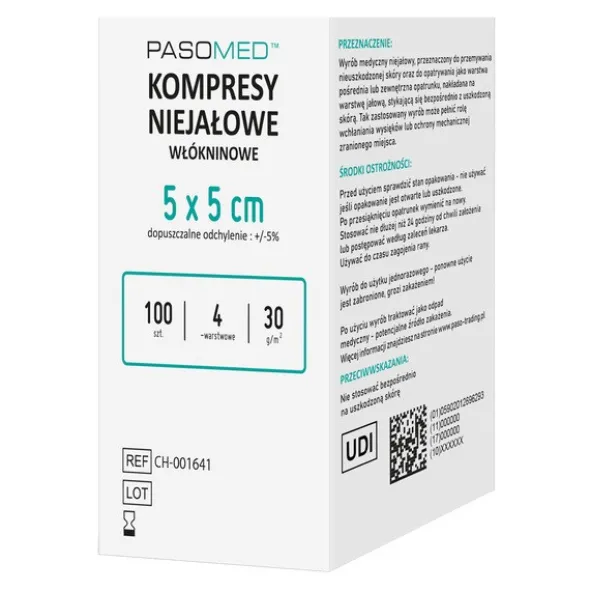 Pasomed, kompresy włókninowe, niejałowe, 5 cm x 5 cm, 4w, 30 g, 100 szt.