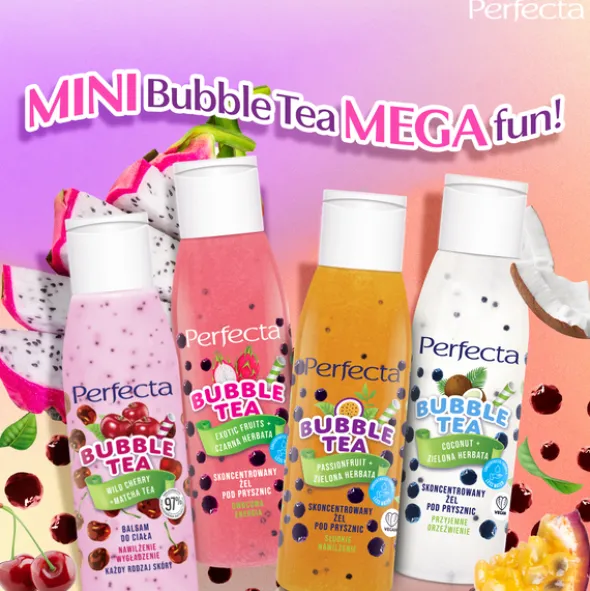 Perfecta Bubble Tea, skoncentrowany żel pod prysznic, Wild Cherry + Zielona Herbata, 100 ml