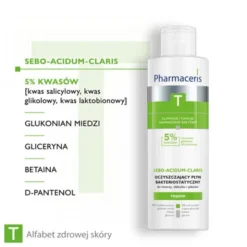Pharmaceris T Sebo-Acidum-Claris, oczyszczający płyn bakteriostatyczny do twarzy, dekoltu i pleców, 190 ml