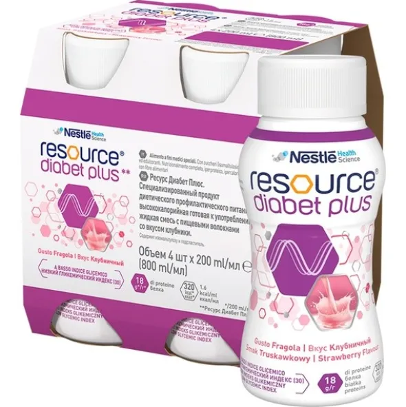 Resource Diabet Plus, smak truskawkowy, 4 x 200 ml
