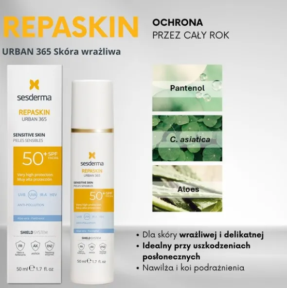 Sesderma Repaskin Urban 365, krem przeciwsłoneczny do skóry wrażliwej, SPF 50+, 50 ml