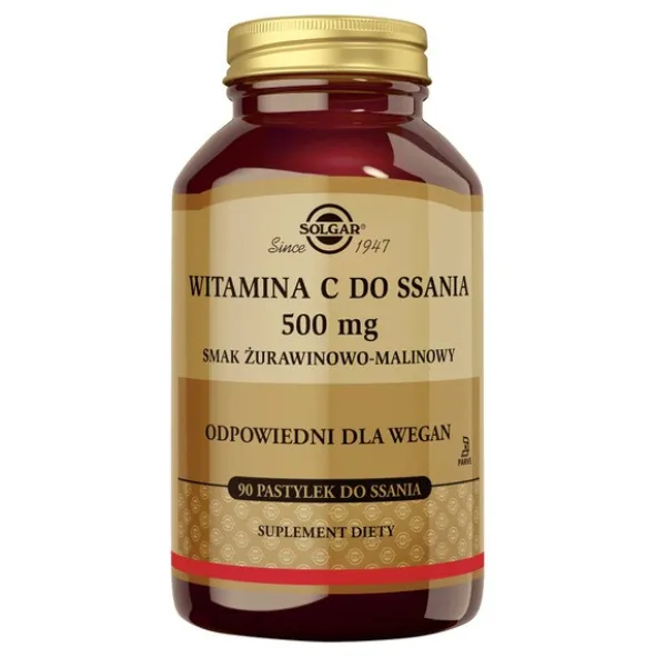 Solgar Witamina C do ssania 500 mg, pastylki do ssania, smak żurawinowo-malinowy, 90 szt.