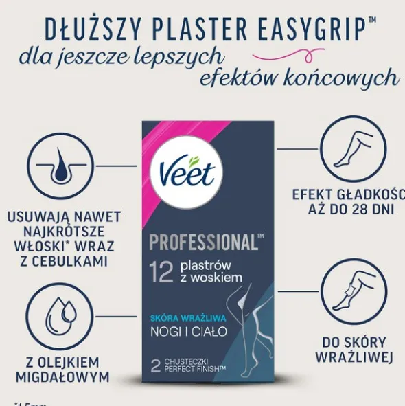 Veet Easy-Gel, plastry do depilacji z woskiem dla skóry wrażliwej, 12 szt.