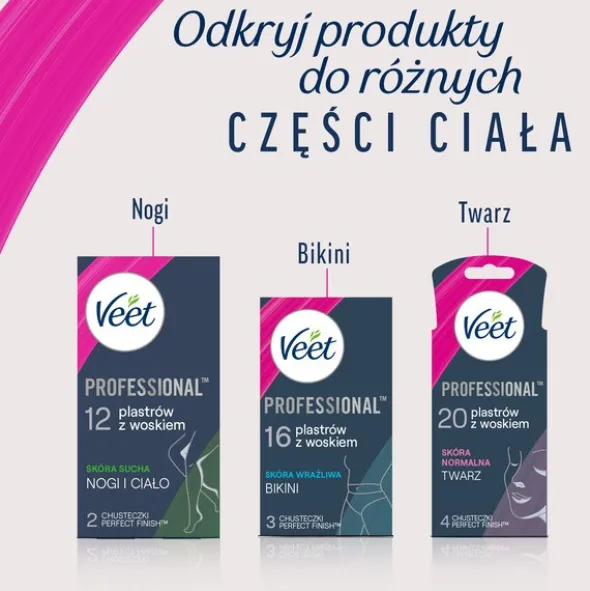 Veet Easy-Gel, plastry do depilacji z woskiem dla skóry wrażliwej, 12 szt.