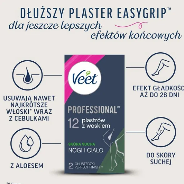 Veet Easy-Gel, plastry do depilacji z woskiem dla skóry suchej, 12 szt.
