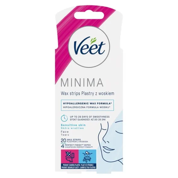 Veet Minima, plastry do z woskiem do depilacji twarzy dla skóry wrażliwej, 20 szt.