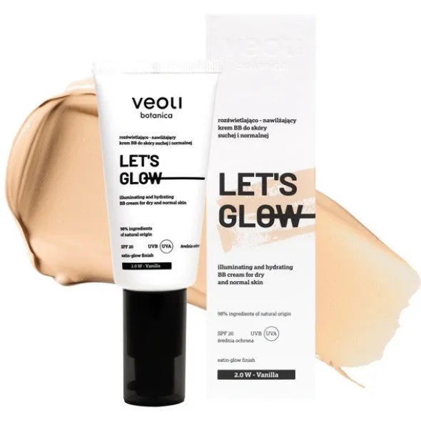 Veoli Botanica Let's Glow SPF 20, rozświetlająco-nawilżający krem BB do skóry suchej i normalnej, 2.0 W Vanilla, 30 ml