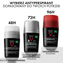 Vichy Homme, dezodorant-antyperspirant 48h, skóra wrażliwa, roll-on, 50 ml