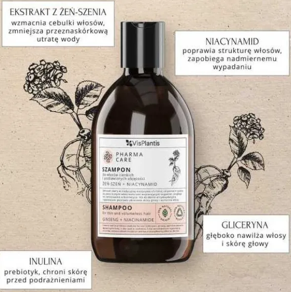 Vis Plantis Pharma Care, szampon do włosów cienkich, żeńszeń i niacynamid, 500 ml