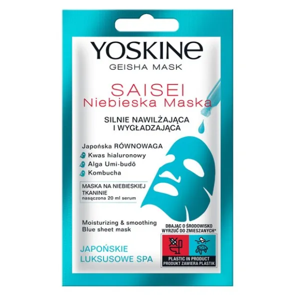 Yoskine Geisha Mask Saisei, maska na niebieskiej tkaninie, silnie nawilżająca i wygładzająca, 20 ml