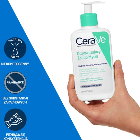 Zestaw CeraVe, oczyszczający żel do mycia z ceramidami dla skóry normalnej i tłustej, 473 ml + nawilżający krem do twarzy z ceramidami, 52 ml