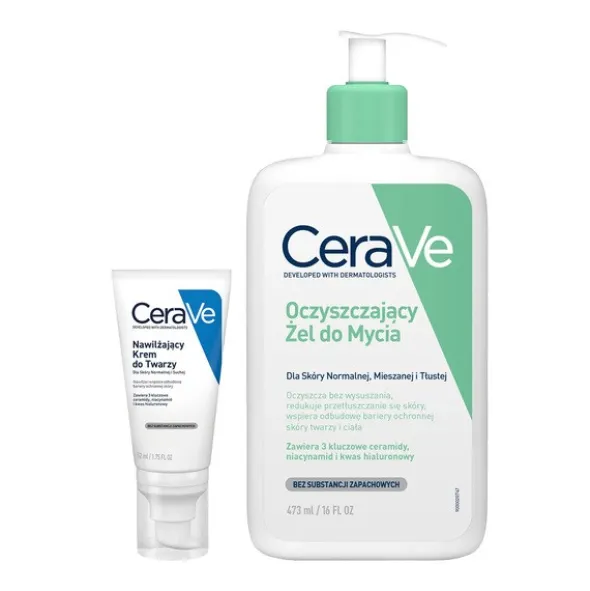 Zestaw CeraVe, oczyszczający żel do mycia z ceramidami dla skóry normalnej i tłustej, 473 ml + nawilżający krem do twarzy z ceramidami, 52 ml