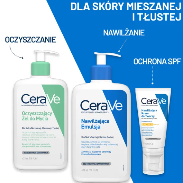 Zestaw CeraVe, oczyszczający żel do mycia z ceramidami dla skóry normalnej i tłustej, 473 ml + nawilżający krem do twarzy z ceramidami, 52 ml
