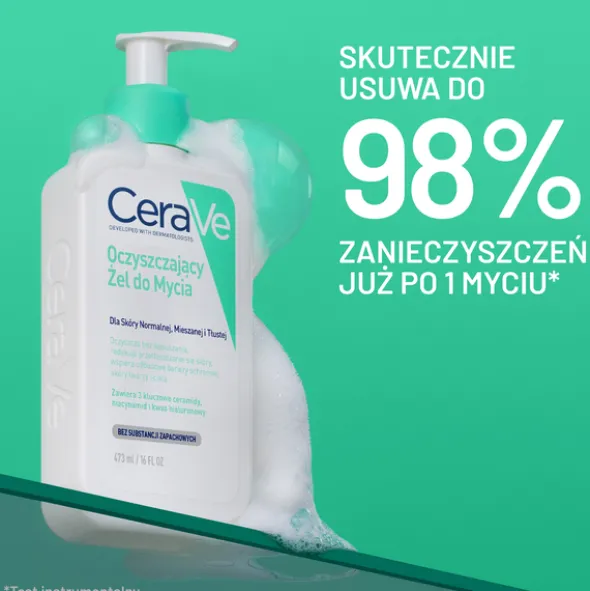 Zestaw CeraVe, oczyszczający żel do mycia z ceramidami dla skóry normalnej i tłustej, 473 ml + nawilżający krem do twarzy z ceramidami, 52 ml