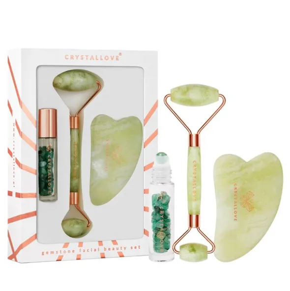 Zestaw Crystallove Jade, roller do twarzy + płytka gua sha + buteleczka roll-on, 1 szt.