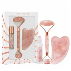 Zestaw Crystallove Rose Quartz, roller do twarzy + płytka gua sha + buteleczka roll-on, 1 szt.
