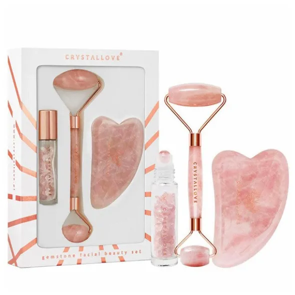 Zestaw Crystallove Rose Quartz, roller do twarzy + płytka gua sha + buteleczka roll-on, 1 szt.