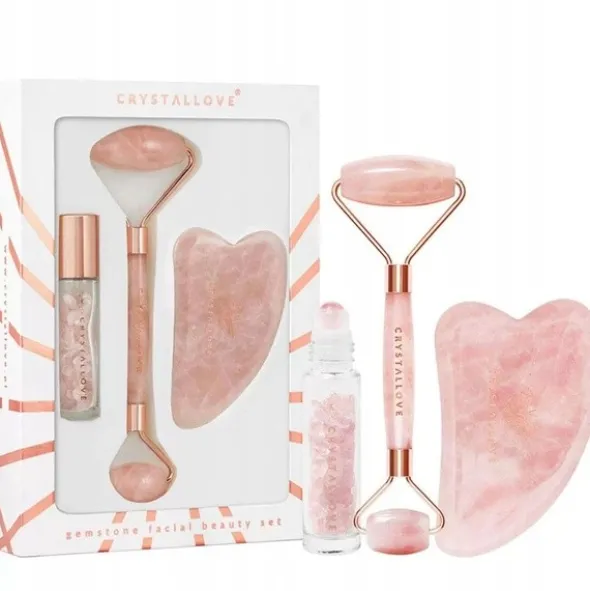 Zestaw Crystallove Rose Quartz, roller do twarzy + płytka gua sha + buteleczka roll-on, 1 szt.