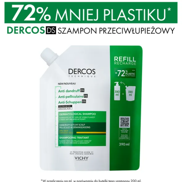 Zestaw Dercos DS, szampon przeciwłupieżowy, włosy suche, 390 ml + opakowanie uzupełniające, 390 ml