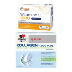 Zestaw DOZ Product Witamina C 1000 + bioflawonoidy, kapsułki, 60 szt. + Doppelherz system Kollagen 11.000 PLUS, płyn, ampułki, 30 szt. x 25 ml