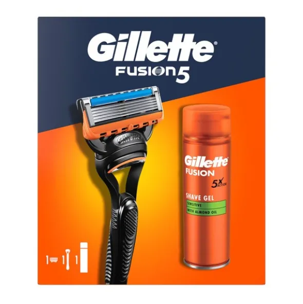 Zestaw Gillette, maszynka do golenia Fusion5 + Fusion, żel do golenia dla skóry wrażliwej, 200 ml