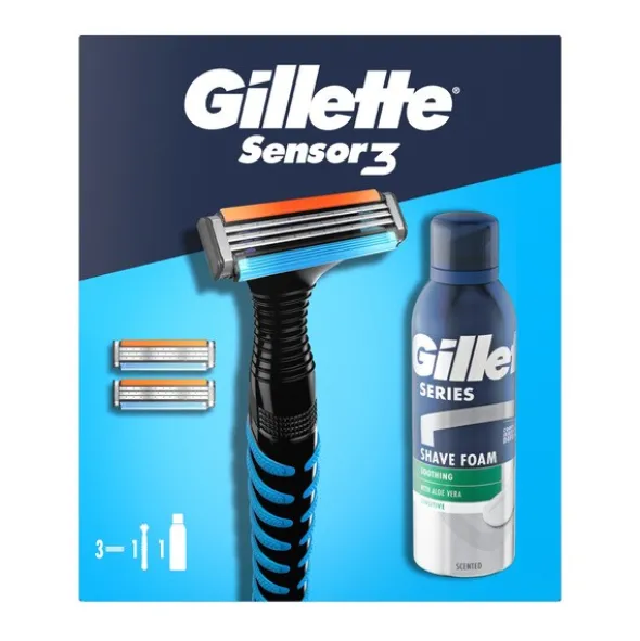 Zestaw Gillette, maszynka do golenia Sensor3 + Series, łagodząca pianka do golenia z aloesem, 75 ml