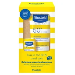 Zestaw Mustela Fun In The Sun travel pack, mleczko przeciwsłoneczne SPF 50+, 40 ml + sztyft przeciwsłoneczny SPF 50, 9 ml