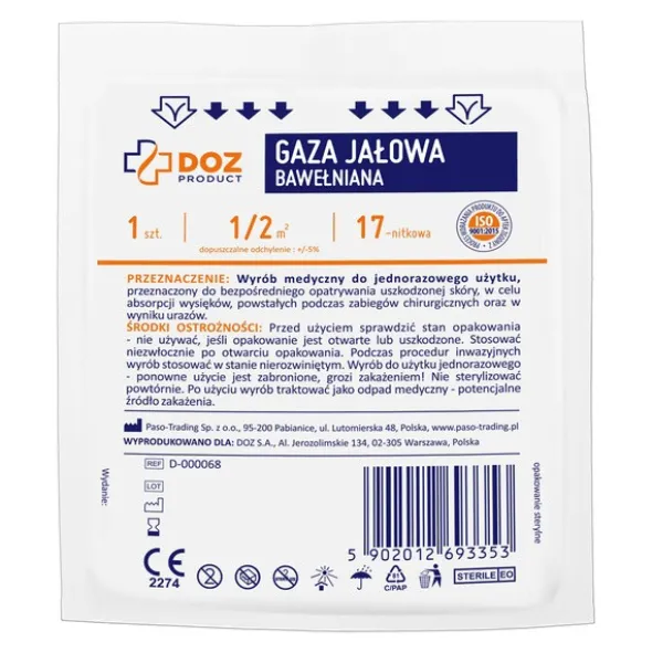 Zestaw 4x DOZ PRODUCT, gaza jałowa, bawełniana, 17-nitkowa, 1/2 m2, 1 szt.
