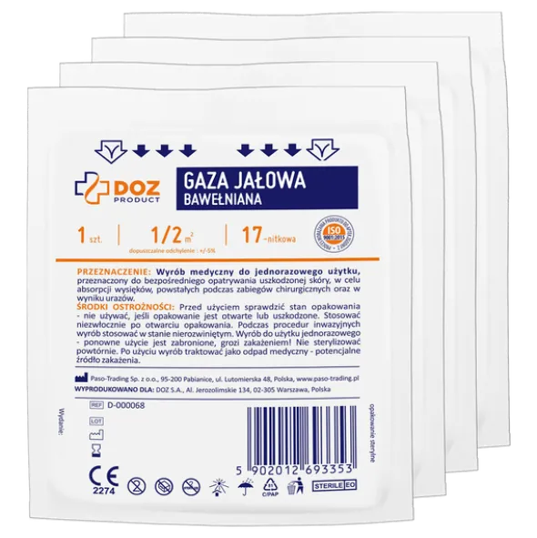Zestaw 4x DOZ PRODUCT, gaza jałowa, bawełniana, 17-nitkowa, 1/2 m2, 1 szt.