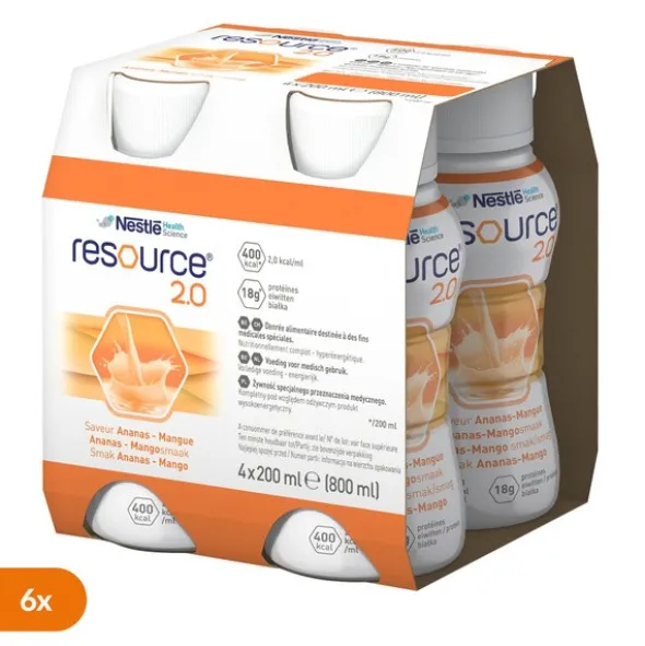 Zestaw 6 x Resource 2.0, płyn o smaku ananas-mango, 4 x 200 ml