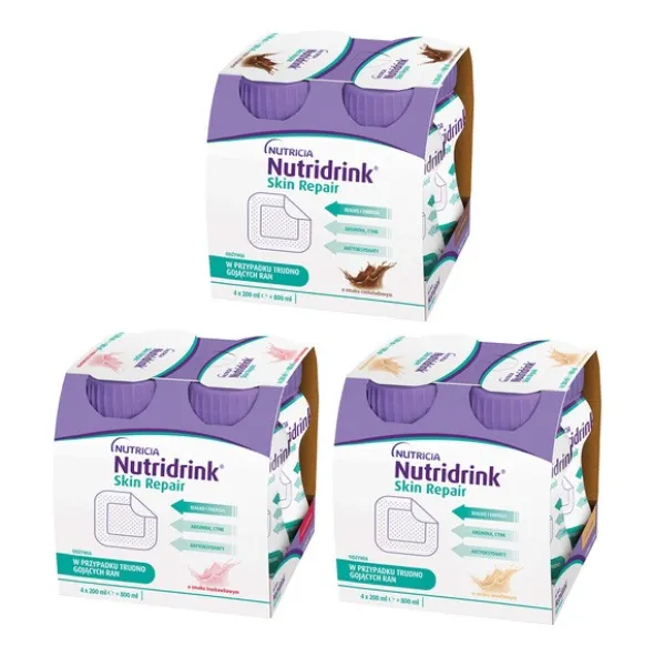 Zestaw Zestaw Nutridrink Skin Repair, smak truskawkowy, płyn, 4 x 200 ml + smak waniliowy, płyn, 4 x 200 ml + smak czekoladowy, płyn, 4 x 200 ml