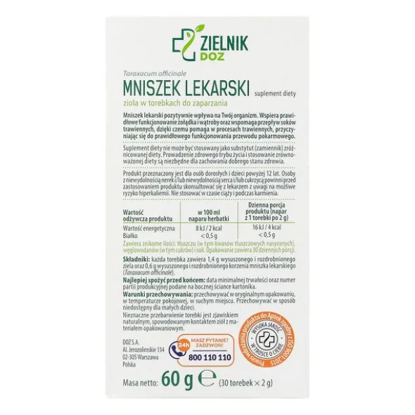 ZIELNIK DOZ Mniszek lekarski, zioła do zaparzania, 2 g, 30 saszetek